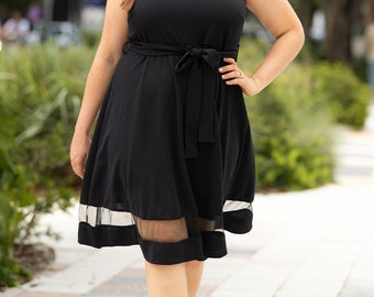 Plus Size Dress: Black Skater Dress with Mesh Panels