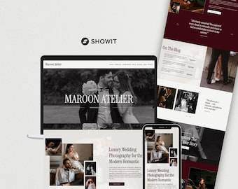 May include: A digital display of a website template titled Maroon Atelier, featuring a laptop screen and a mobile phone screen showing wedding photography portfolios with black and white imagery, serif typography, and a dark maroon color palette.