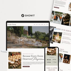 Op de afbeelding: Een digitale weergave van een websitetemplate genaamd Everafter Planning op een laptopscherm en een mobiel telefoonscherm. De lay-out bevat trouwfotografie, beschrijvingen van evenementenplanningsdiensten en tekstkoppen zoals Because Every Event Deserves Perfection.