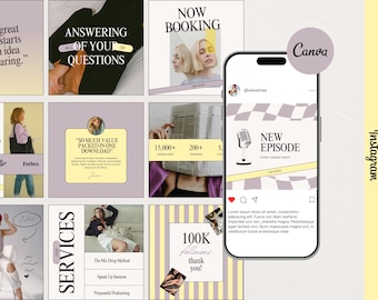 Gelbe Instagram Vorlagen Canva, Bold Social Media Posts & Stories, Podcast Coach Digital Download