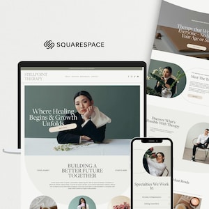 Könnte beinhalten: Eine Squarespace-Website-Vorlage für Stillpoint Therapy, dargestellt auf einem Laptop- und Smartphone-Bildschirm. Das Design umfasst eine neutrale Farbpalette, Serifenschrift und kreisförmige Bilderrahmen mit Fotos.