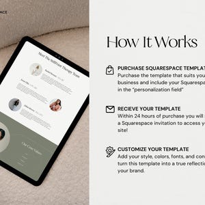 K&ouml;nnte beinhalten: Ein Tablet zeigt eine Squarespace-Website-Vorlage mit dem Text &bdquo;Meet The StillPoint Therapy Team&ldquo;. Die rechte Seite beschreibt, wie die Vorlage funktioniert: kaufen, empfangen und anpassen. Der Hintergrund ist ein neutrales Beige.