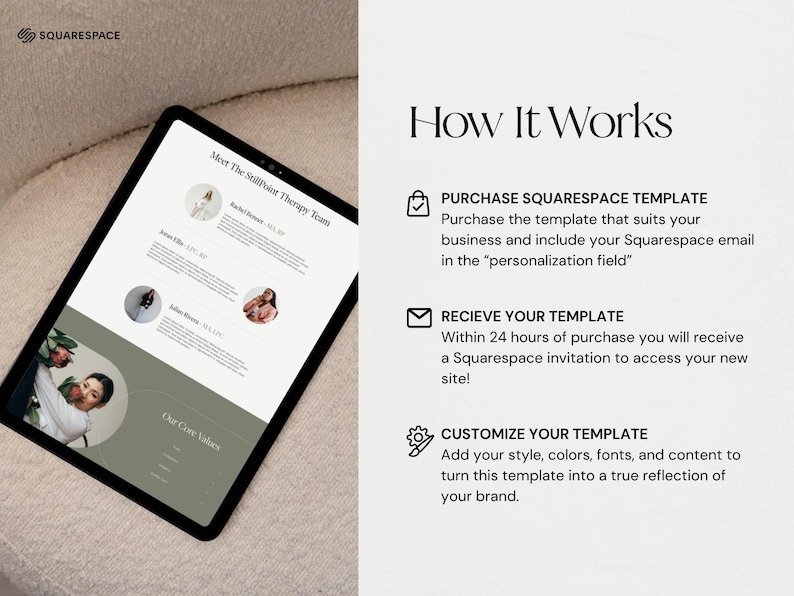 K&ouml;nnte beinhalten: Ein Tablet zeigt eine Squarespace-Website-Vorlage mit dem Text &bdquo;Meet The StillPoint Therapy Team&ldquo;. Die rechte Seite beschreibt, wie die Vorlage funktioniert: kaufen, empfangen und anpassen. Der Hintergrund ist ein neutrales Beige.