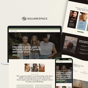 May include: A digital mockup of a website design for Solace Therapy displayed on a laptop, a smartphone, and a vertical layout. The design features a neutral color palette, serif typography, and imagery of people, with text including Discover a gentle path to wellness, mindful growth, and inner peace.