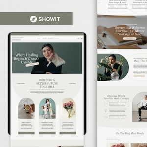 Modello di sito Web Showit per terapisti, life coach e professionisti del benessere, design professionale moderno e rilassante