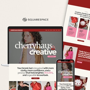 May include: A digital marketing design featuring a website and mobile app interface. The website and app display the text "cherryhaus creative" in a bold, modern font. The design includes a Squarespace logo.