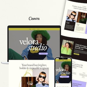 May include: A digital design showcasing a website and mobile app interface for "velora studio." The design features a woman wearing sunglasses and a green hat. The website displays the text "velora studio" and "Your brand but brighter, bolder & impossible to ignore."