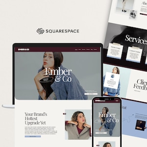 Può includere: Una visualizzazione digitale di un modello di sito web Squarespace per Ember & Co, con uno schermo di computer portatile e uno di telefono cellulare che mostrano un layout per agenzia creativa con caratteri serif, fotografie e sezioni dedicate.