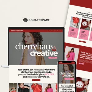 Pode incluir: Uma exibição digital de um site Squarespace para a Cherryhaus Creative, apresentando uma tela de laptop e smartphone com uma paleta de cores vermelha e branca, fotografias de uma pessoa e texto incluindo o nome da marca e serviços.
