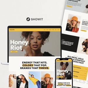 May include: A digital marketing website design concept featuring a laptop, smartphone, and printouts. The website design showcases the "Honey Riot" brand with the tagline "Energy That Hits. Colors That Pop. Brands That Thrive."