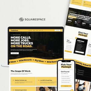 May include: A digital display of a TradeHaus website design on a laptop screen and a smartphone, featuring a yellow and black colour scheme with the text More Calls, More Jobs, More Trucks On The Road and Pick Your Package on the interface.