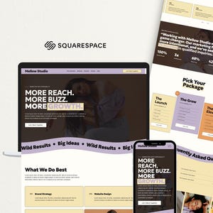 Könnte beinhalten: Ein Laptop, ein Smartphone und ein vertikales Tablet-Display zeigen das Webdesign von Mellow Studio. Die Benutzeroberfläche verwendet eine Farbpalette aus Creme, Lavendel und Orange mit dem fettgedruckten Text More Reach, More Buzz, More Growth.