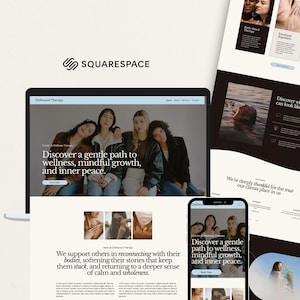 Pode incluir: Design do site para Driftwood Therapy, construído no Squarespace. O design usa um esquema de cores azul claro e creme, com imagens de mulheres e o texto: "Descubra um caminho suave para o bem-estar, o crescimento consciente e a paz interior."