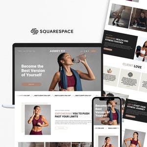 May include: A digital mockup of a Squarespace website template for a fitness brand named Audrey Fit, displayed on a laptop and smartphone screen, featuring images of a person in athletic wear, fitness coaching text, and navigation menus.