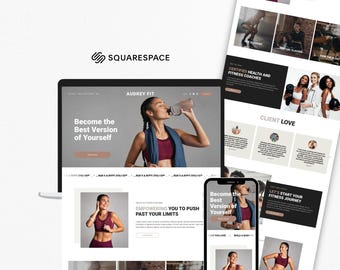 May include: A digital mockup of a Squarespace website template for a fitness brand named Audrey Fit, displayed on a laptop and smartphone screen, featuring images of a person in athletic wear, fitness coaching text, and navigation menus.