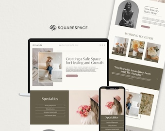 Pode incluir: Uma visualização digital de um design de site Squarespace para uma terapeuta chamada Amanda, com uma tela de laptop e uma de smartphone mostrando uma página com o texto Creating a Safe Space for Healing and Growth e Specialties.