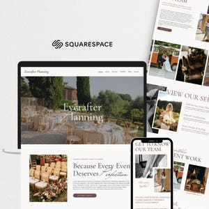 Könnte beinhalten: Eine digitale Darstellung einer Squarespace-Website-Vorlage für Everafter Planning, die einen Laptop-Bildschirm und einen Handy-Bildschirm mit Veranstaltungsplanungsdiensten, Team-Informationen und Hochzeitsfotografie in eleganter Serifenschrift zeigt.