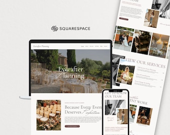 May include: A digital display of a Squarespace website template for Everafter Planning, featuring a laptop screen and a mobile phone screen showing event planning services, team information, and wedding photography with elegant serif typography.