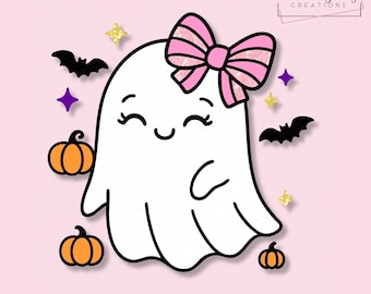 Girly Ghost SVG PNG | Cute Halloween Ghost with Bow Cricut File for Fall Shirts & Crafts | Kawaii Spooky SVG for Silhouette
