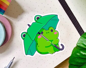 Cute Frog with a Froggy Umbrella Sticker | Glossy | Die Cut | Splashproof Sticker