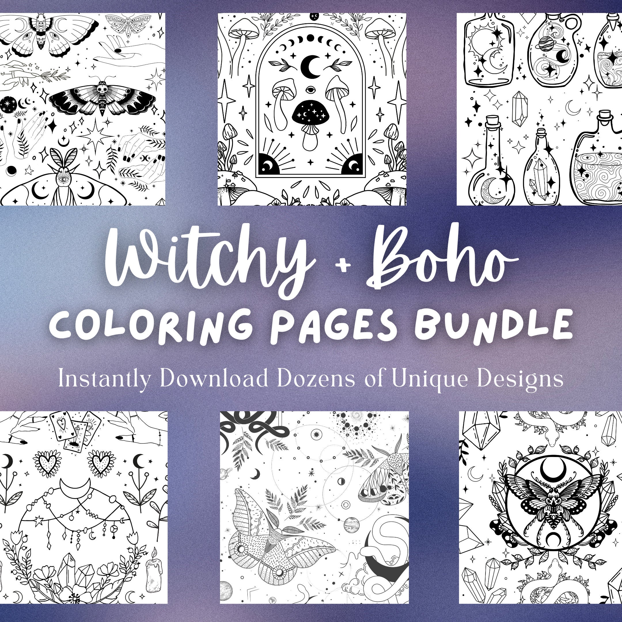 Witchy + Boho Coloring Pages Collection | Complete Digital & Printable Library for Mindful Creativity