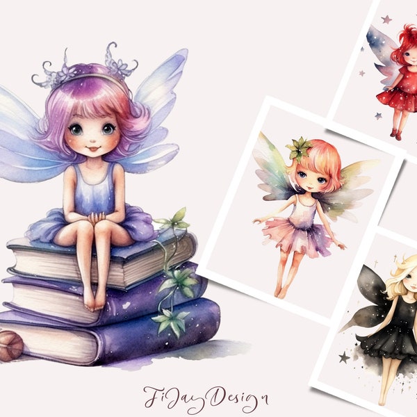 Watercolor Fairy clipart bundle | 20 Cute colorful fairies | 300 DPI transparent files |  Commercial and personal use.