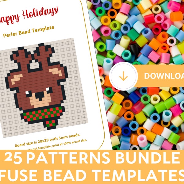 25  Different Christmas Fuse Bead Template, Hama Perler Nabbi Beads Craft Pattern Gift, Xmas Ornaments Tree Santa Present Tutorial Printable