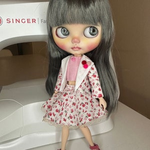 Light Pink Short Sleeve Blouse with Handmade Red Floral Pattern Skirt and Jacket for Blythe Doll, doll dress outfits, Free shipping