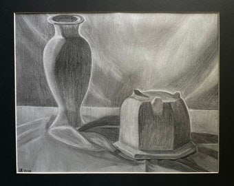 Ceramic Plant Pot and Vase, Original Matted Still Life Drawing