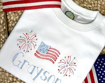Personalized Kids 4th of July Shirt , Embroidered Patriotic T-Shirt, Fireworks Flag Tee, Custom Name Independence Day Shirt, BBlanks Cotton