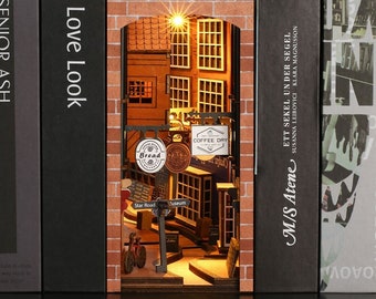 DIY Book Nook, Little Alley Book Nook with LED lights, Puzzle Insert Diorama Kit, 3D Wooden Miniature, Decorating Book Shelves, Bookish Gift
