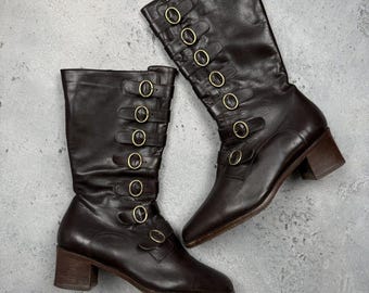 Vintage Italian Brown Leather Riding Boots Buckle Straps y2k