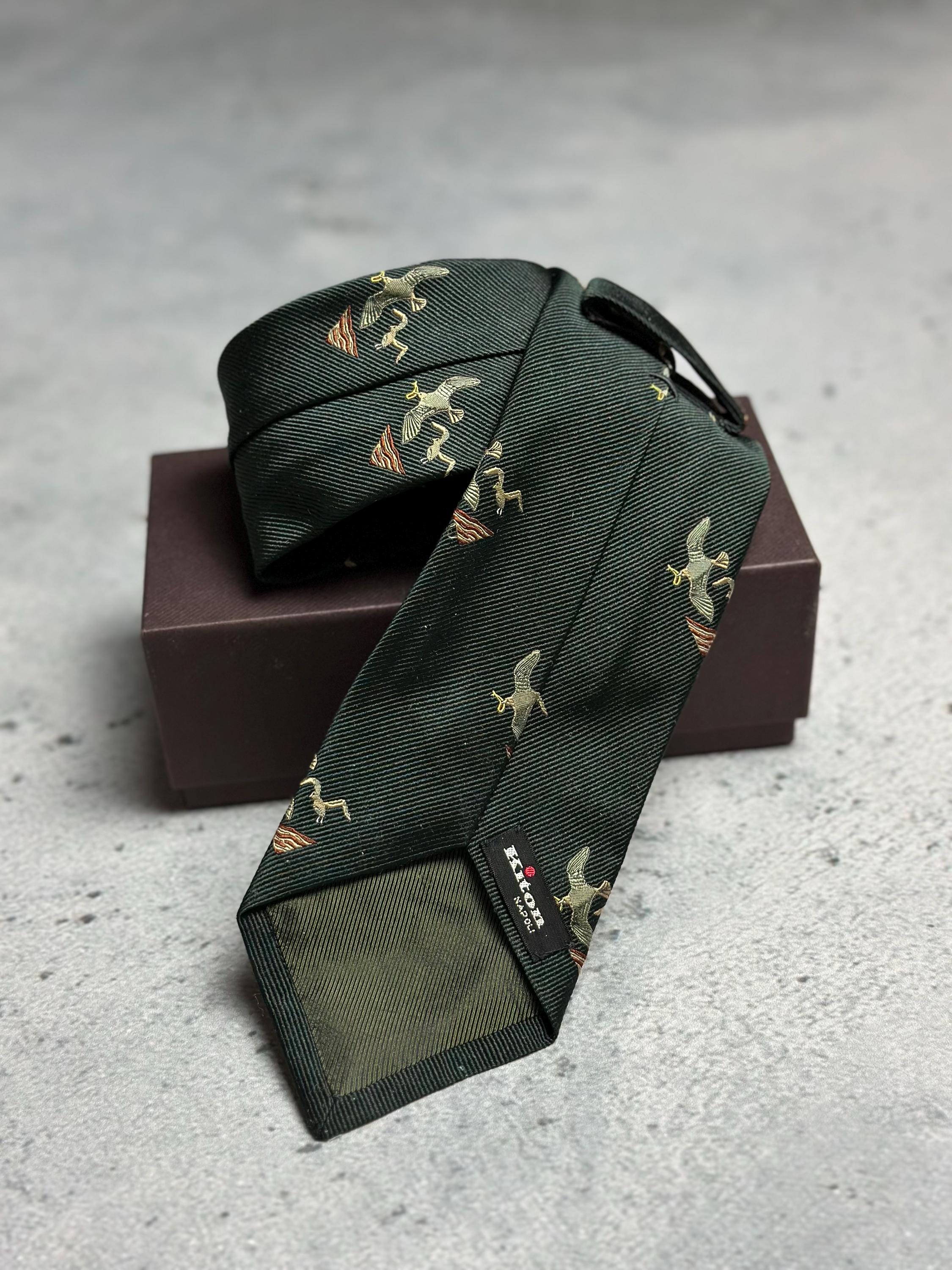 Kiton Tie Green Dark Olive Bird Duck Vintage Silk Tie 00s