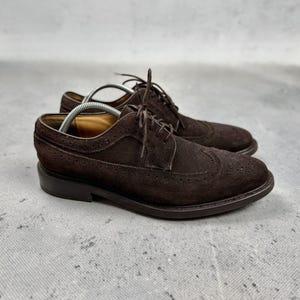 May include: A pair of dark brown suede oxford shoes featuring a classic wingtip design with decorative brogue perforations along the edges, a rounded toe, thin brown laces, and a low stacked heel with a smooth leather interior lining.