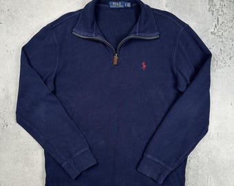 Moletom Polo Ralph Lauren com zíper até o peito, azul marinho, com pônei vermelho, estilo anos 2000.