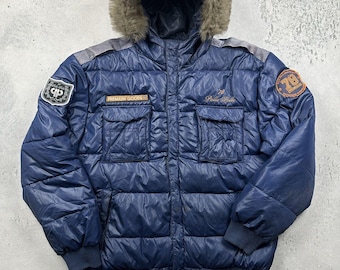 Vintage Pelle Pelle Navy Puffer Jacket Fur Hood Y2K Hip Hop