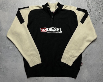 Suéter Diesel Vintage de Lã com Acabamento Desgastado e Meio Zíper, Estilo Anos 90
