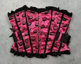 vintage Hell Bunny Haut corset gothique en satin rose noir rose