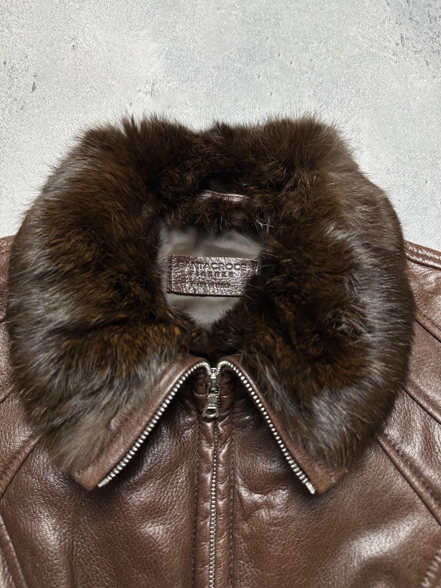 Santacroce Firenze Leather Jacket, Fur Collar, Quilted Olive 