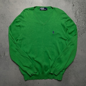 Polo Ralph Lauren Green V-Neck Sweater L 100% Pima Cotton Purple Pony Logo Soft & Classic Knit