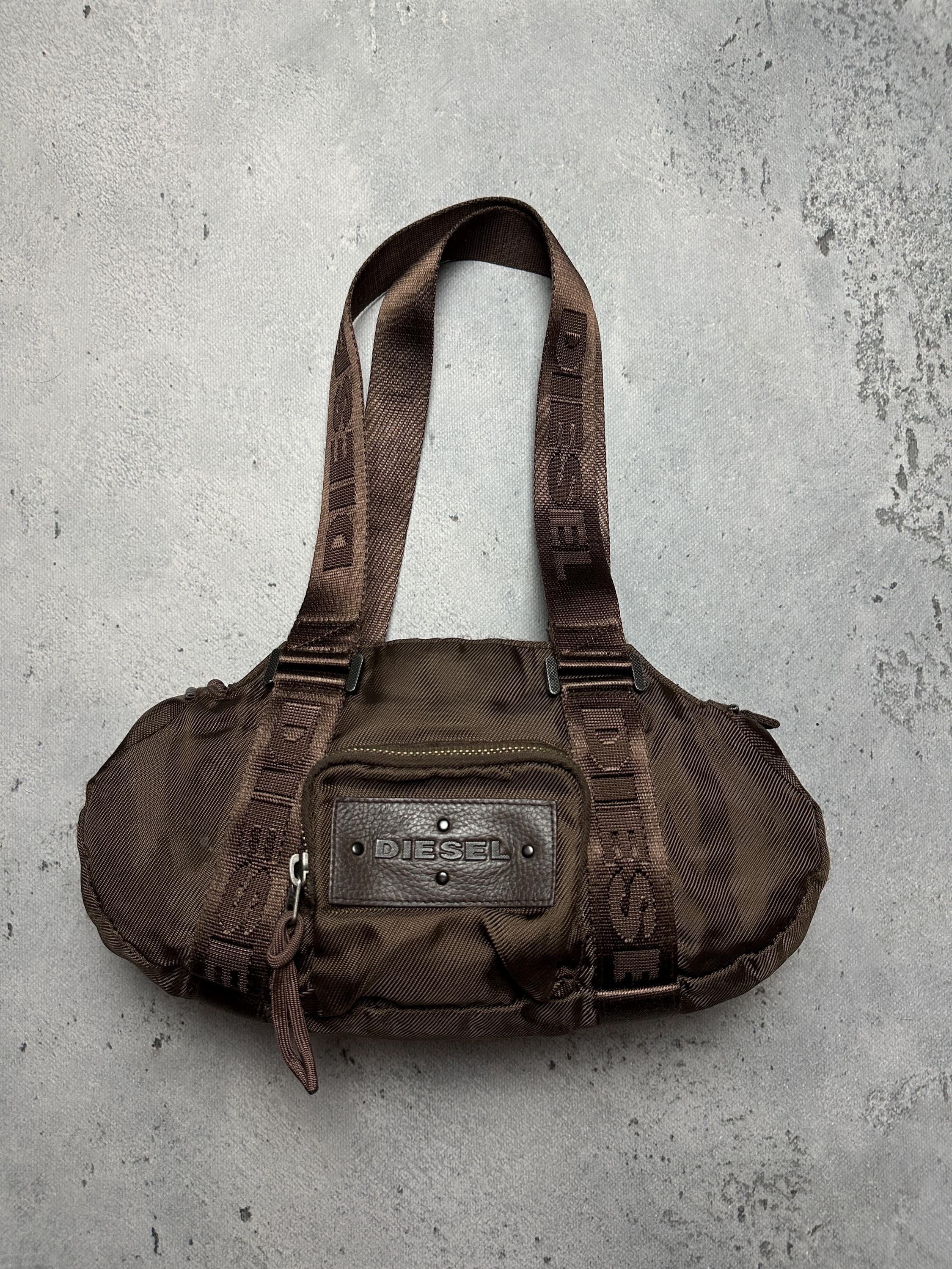 DIESEL Brown Canvas Womens Shoulder Bag Leather Logo 00s Y2k