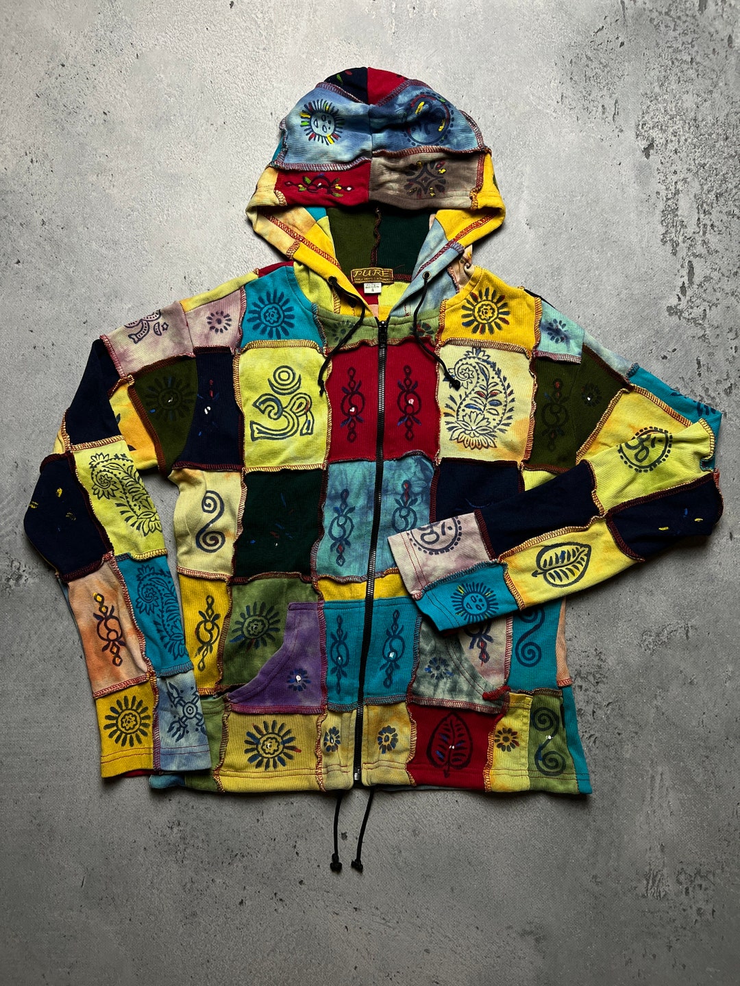 Fair Trade Men's Nepal Hippy Patchwork Hooded Shirt – 100% Cotton, Button Neck, Pouch Pocket (Trippy Design)