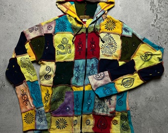 Vintage Nepal Patchwork Mehrfarben Zip Hoodie Jacke Frau