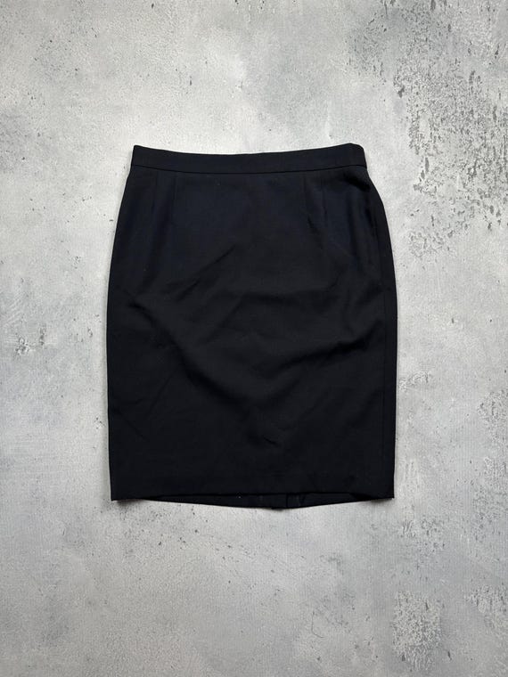 Escada, Vintage Escada Virgin Wool Pencil Skirt: Black Midi Skirt, Rear Slit