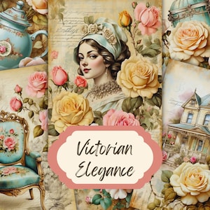 Pacchetto di fogli di collage di diario spazzatura di rose vittoriane senza tempo, carta digitale shabby chic stampabile, vintage, effimeri di scrapbooking