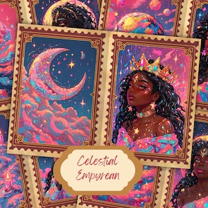 Afro-Amerikaanse hemelse maangodin Junk Journal, digitaal plakboek nachtelijke hemel Ephemera astronomie afdrukbare mystieke ster collage blad