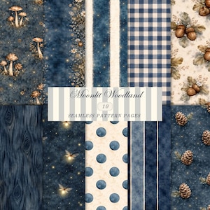 Seamless Pattern Papers i månskensskog – Marinblått skräpjournalkit för skog (10 sidor)