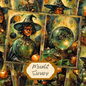 Kit de journal indésirable Black Witch | Éphémères magiques de sorcellerie d'automne | Pages de sorcellerie au clair de lune | Collage numérique d'Halloween pour femmes noires