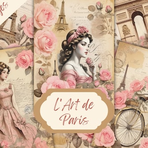 Lot de papiers pour collage parisien romantique : roses vintage, tour Eiffel, breloques en papier français antiques, femmes parisiennes, kit de scrapbooking.