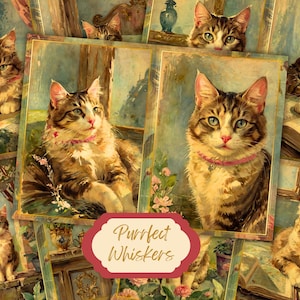 Watercolor Cat Junk Journal Printable Page, Kitten With Flowers Junk Journal Kit, Junk Journal Paper Digital Collage Sheet, Instant Download